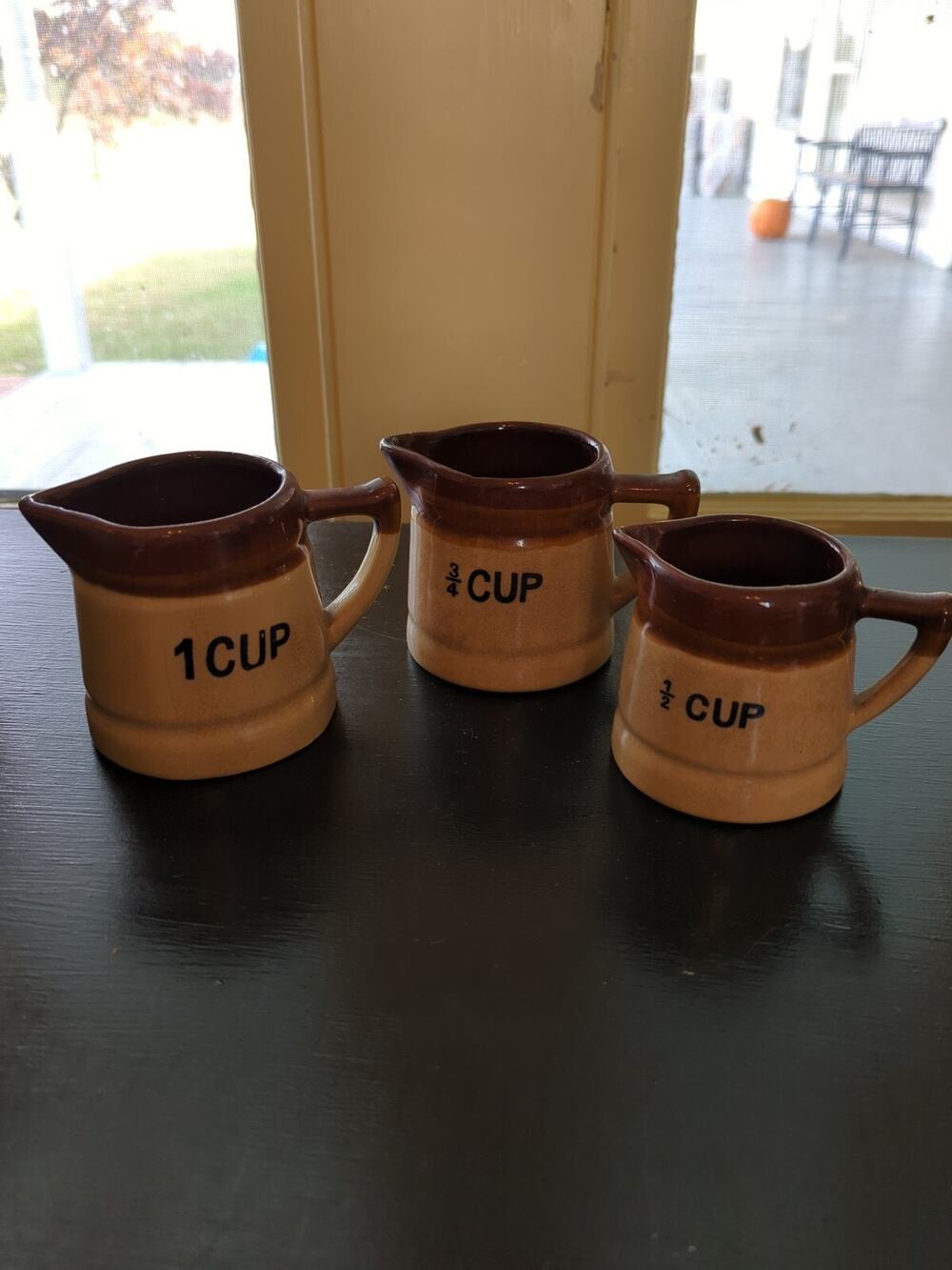 Set Of Stone Ware Measuring Cups Two Toned Brown & Wheat 1, 3/4 & 1/2 Cups